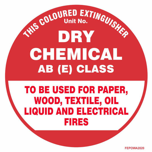 The Fire Extinguisher Identification Sign - DRY CHEMICAL - AB(E) features a red and white label clearly indicating it is suitable for AB (E) class fires involving paper, wood, textiles, oil, liquid, and electrical sources. This safety equipment sign ensures quick and easy identification of the appropriate dry chemical fire extinguisher during emergencies.
