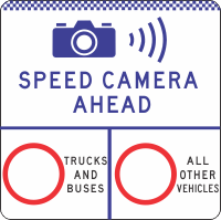 G6-328-5n - Speed Camera Ahead / Variable Speed Limit Enforced / Trucks And Buses / All Other Vehicles