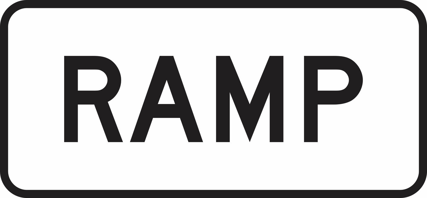 The G9-28 - Ramp sign features black "RAMP" text in all caps, centered on a white rectangle with a black border.