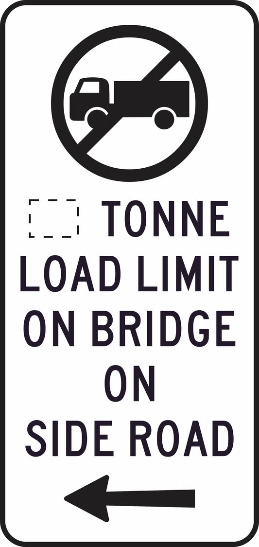 The G9-322n(L) sign shows a truck symbol in a red circle with a slash, “xx Tonne Load Limit On Bridge On Side Road,” and a left-pointing arrow indicating which side road is affected.