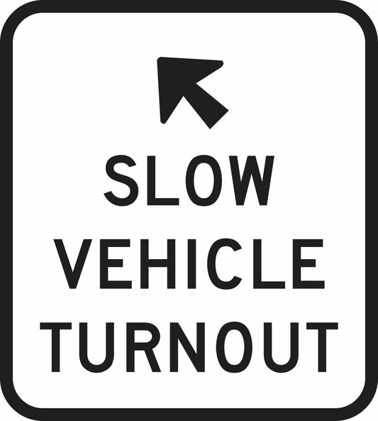 The G9-51 - Slow Vehicle Use Turnouts sign is a black and white road sign with a left diagonal arrow above "SLOW VEHICLE TURNOUT," indicating a turnout area for slow vehicles ahead and to the left.