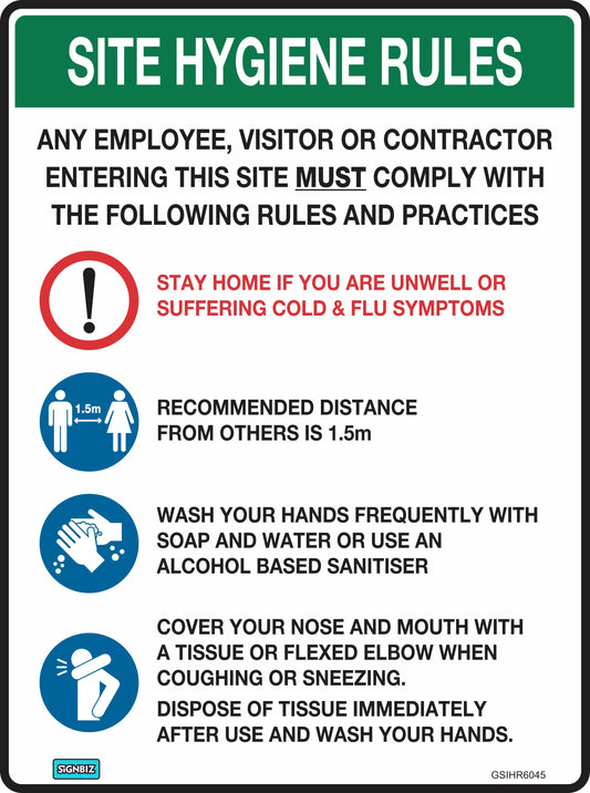 The Site Hygiene Rules sign lists instructions: stay home if unwell, keep 1.5m apart, wash hands with soap or sanitizer, cover coughs/sneezes with tissue or elbow, and dispose of tissues after use.