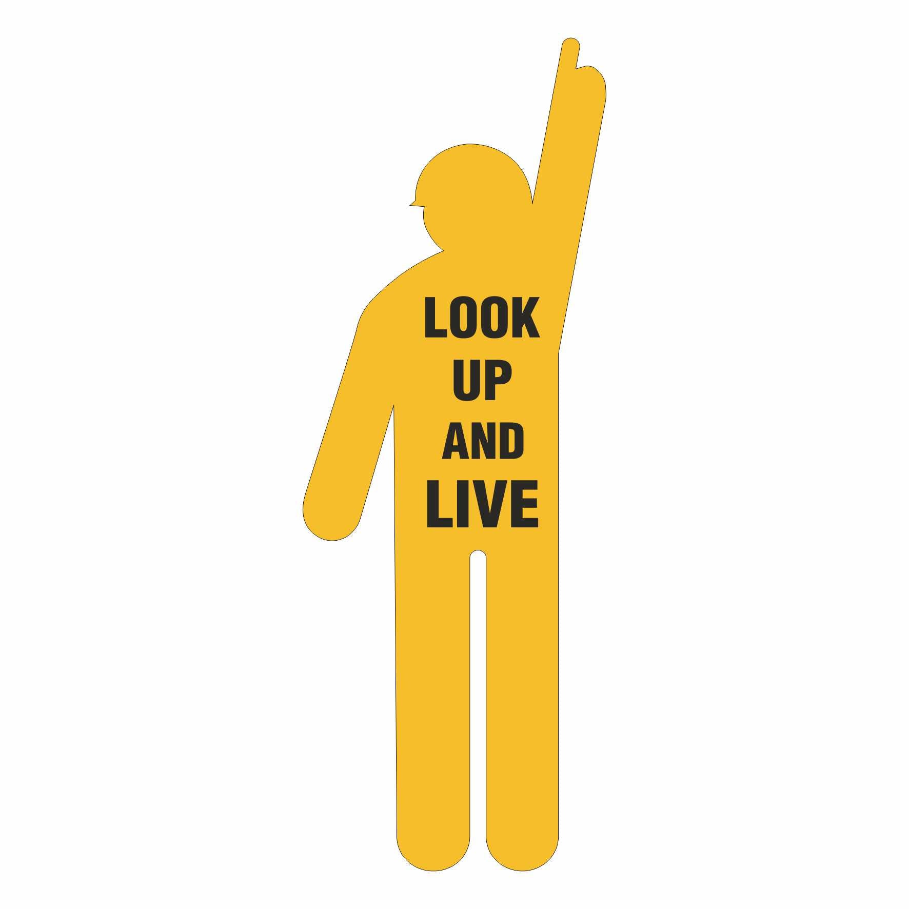 Featuring a yellow silhouette cutout of a construction worker wearing a hard hat and raising one arm to point upward, the Yellow Corflute Cutout Construction Worker - LOOK UP AND LIVE displays the bold black message "LOOK UP AND LIVE" across the torso. Designed as a Corflute safety sign with a white background, it is ideal for promoting workplace safety on any construction site.