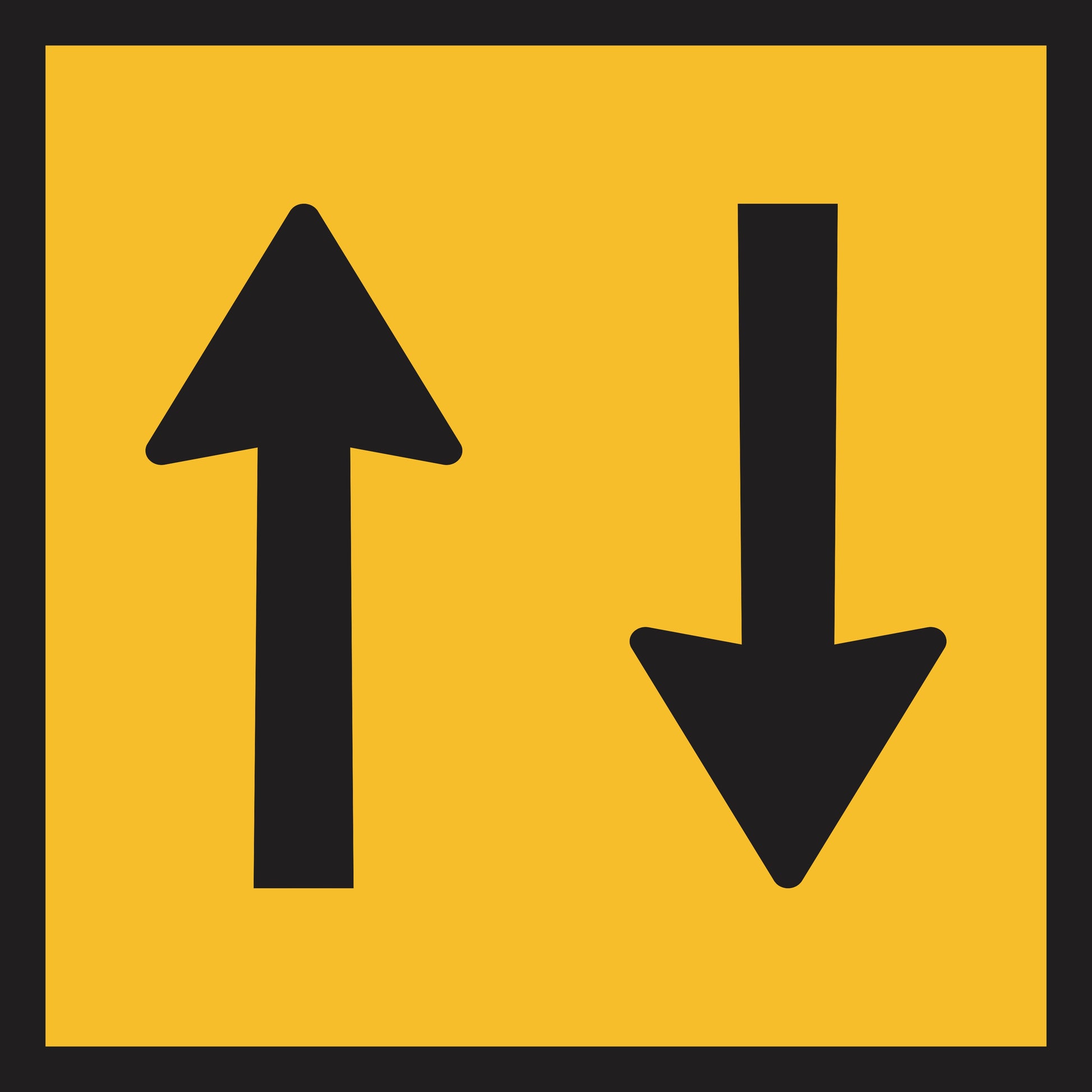 The One Lane Each Way (MMS Insert) is a yellow square sign insert with a bold black border, featuring a left black upward arrow and right black downward arrow, ideal for sign frames to indicate two-way or opposite direction traffic.