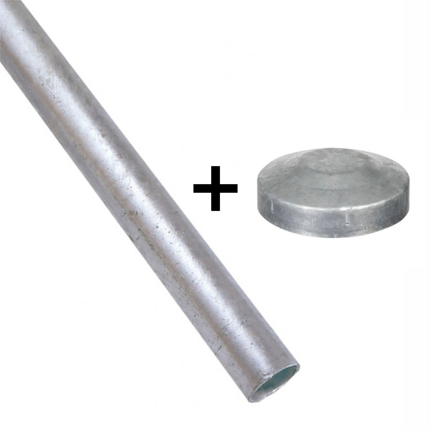 A 3.2M galvanized sign post (50mm NB, 60mm O/D) and a matching end cap are displayed side by side with a plus sign between them, showing they are components designed to be used together for an outdoor signage sign post.