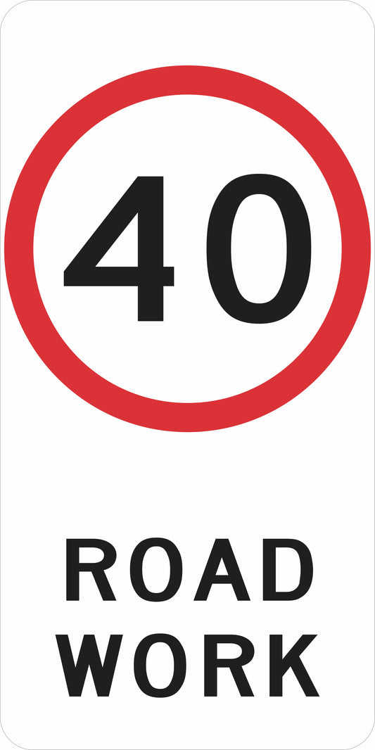 The R4-212n Speed Limit (as required) Road Work sign features a red circle around the number 40 and "ROAD WORK" below, complying with Australian Standard regulatory road signs.