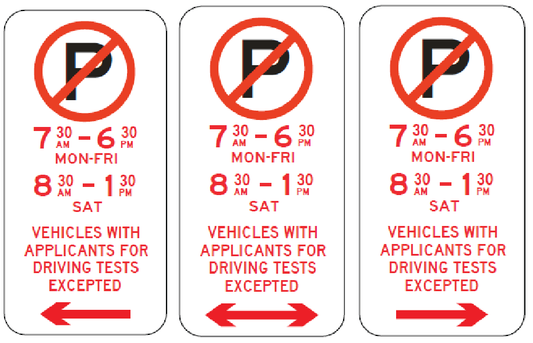 R5-41-2n - No parking (symbolic) (with times) Vehicles With Applicants For Driving Tests Excepted
