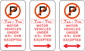 R5-41-3n - No Parking (symbolic) (with Times) Motor Vehicles Under 4.5t Excepted (L,LR & R Arrows)