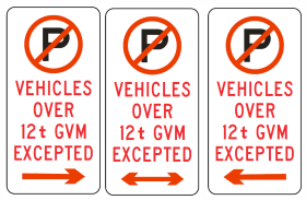 R5-41-6n - No Parking (Symbolic) Vehicles Over 12(t) GVM Excepted (Left/Left-Right/Right Arrow)