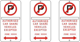 R5-447n - No Parking (Authorised Car Share Vehicles Excepted Zone Xxxxx) (Left, Left/Right and Right Arrows)