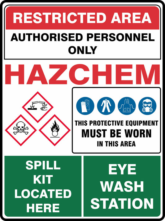 The Restricted Area Site Sign Multi 4 TASMAN displays clear safety notices, including: “Restricted Area—Authorised Personnel Only,” “HAZCHEM,” hazard symbols, required protective equipment, and directions to the spill kit and eye wash station.