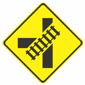 W7-12-1n(L) - Railway Crossing Ahead Diagrammatic - Oblique Crossing On T Junction (L illustrated)
