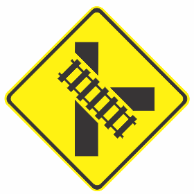 W7-12-1n(R) - Railway Crossing Ahead Diagrammatic - Oblique Crossing On T Junction (R illustrated)
