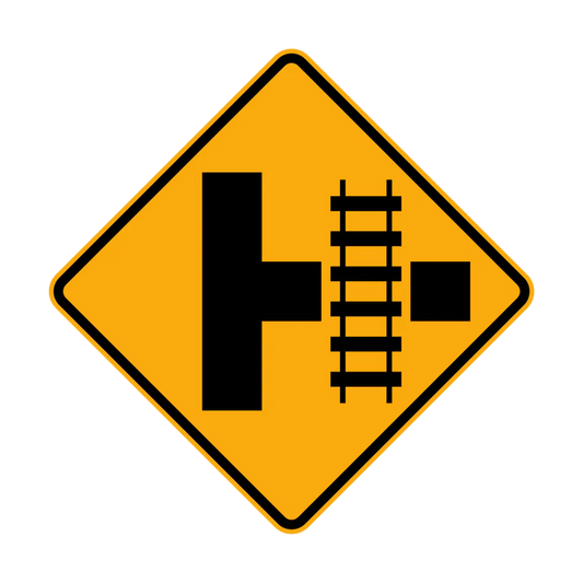 W7-12(R) - Railway Crossing Ahead Diagrammatic - Crossing On Side Road (R illustrated)
