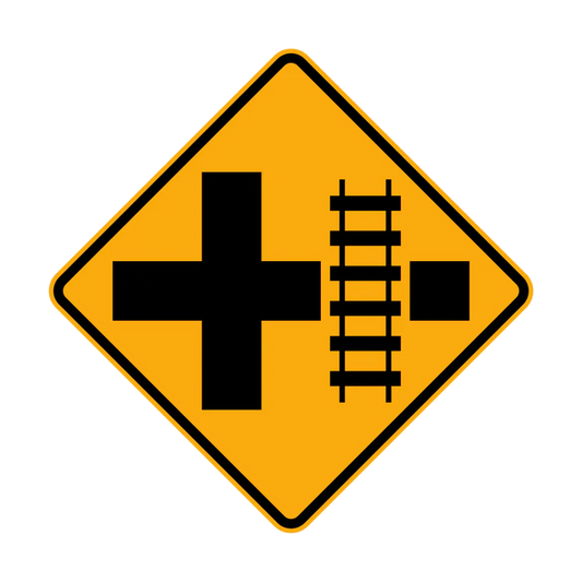 W7-13(R) - Railway Crossing Ahead Diagrammatic - Crossing On Cross Road (R illustrated)