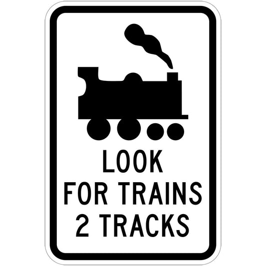 W7-14-4 - Railway Crossing Pedestrian Warning Look For Trains (symbolic) (number) Tracks (2 illustrated)