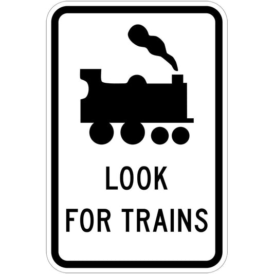 W7-14-5 - Railway Crossing Pedestrian Warning Look For Trains (Symbolic)
