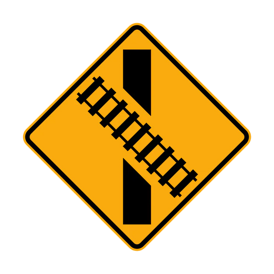 W7-9(R) - Railway Crossing Ahead Diagrammatic - Oblique Crossing (R illustrated)