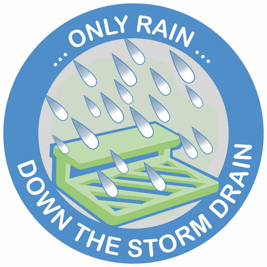 The ONLY RAIN DOWN THE STORM WATER DRAIN DECAL is a blue, circular, 150x150 mm self-adhesive vinyl sticker with raindrops over a green drain. Sold in packs of 5 for easy application on various surfaces.