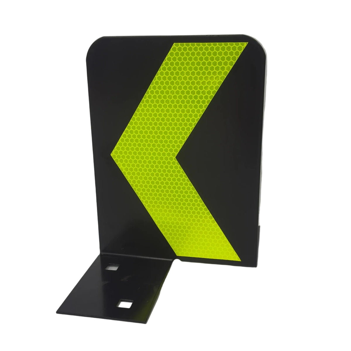 Jersey Kerb Delineator - Arrow: an L-shaped black metal delineator with a reflective yellow chevron.